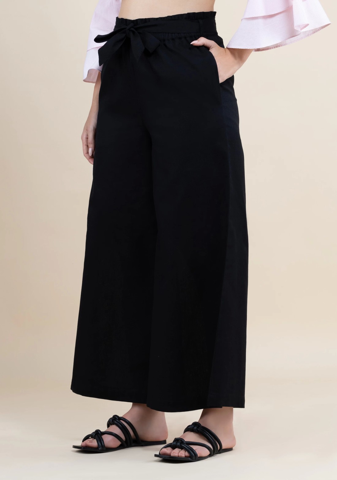 Black Cotton Flex Wide Hem Palazzo