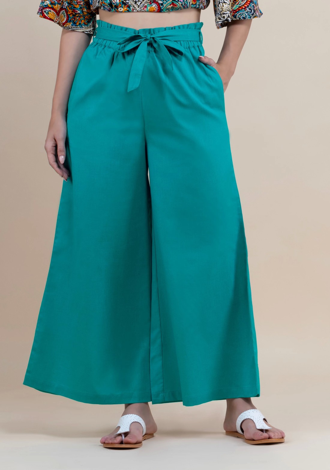 Turquoise Cotton Flex Wide Hem Palazzo