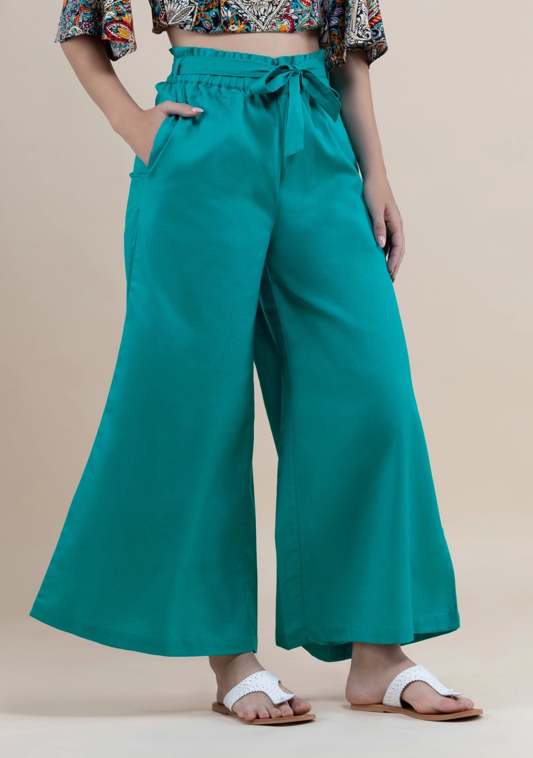 Turquoise Cotton Flex Wide Hem Palazzo