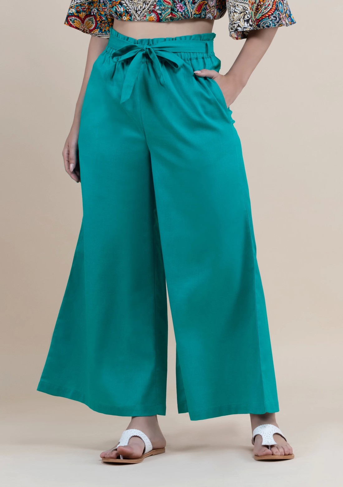 Turquoise Cotton Flex Wide Hem Palazzo