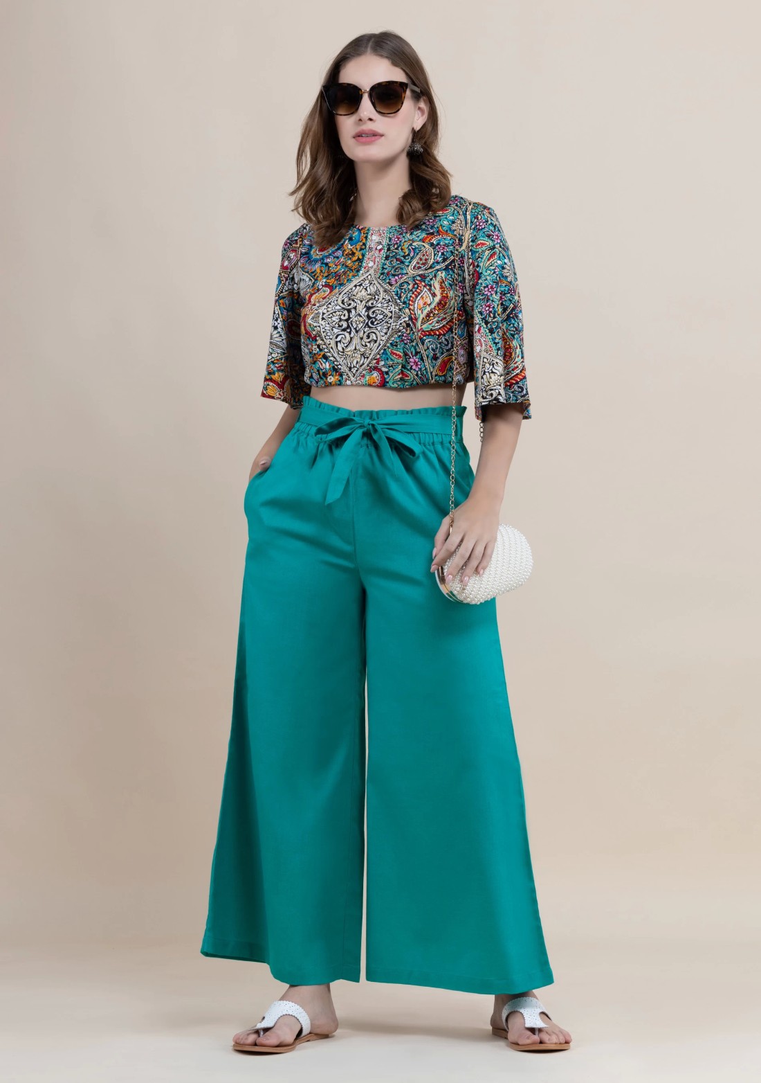 Turquoise Cotton Flex Wide Hem Palazzo