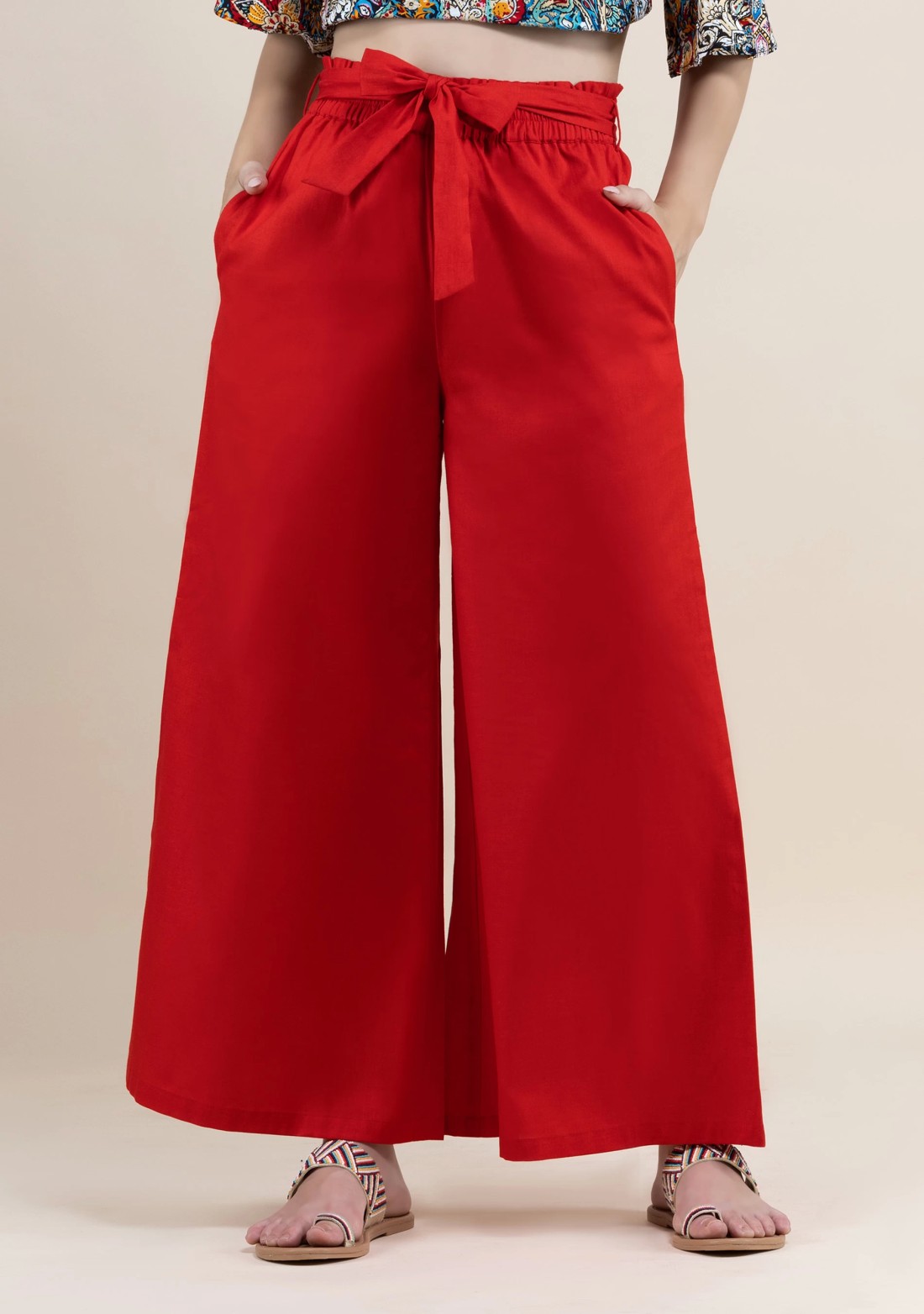 Red Cotton Flex Wide Hem Palazzo