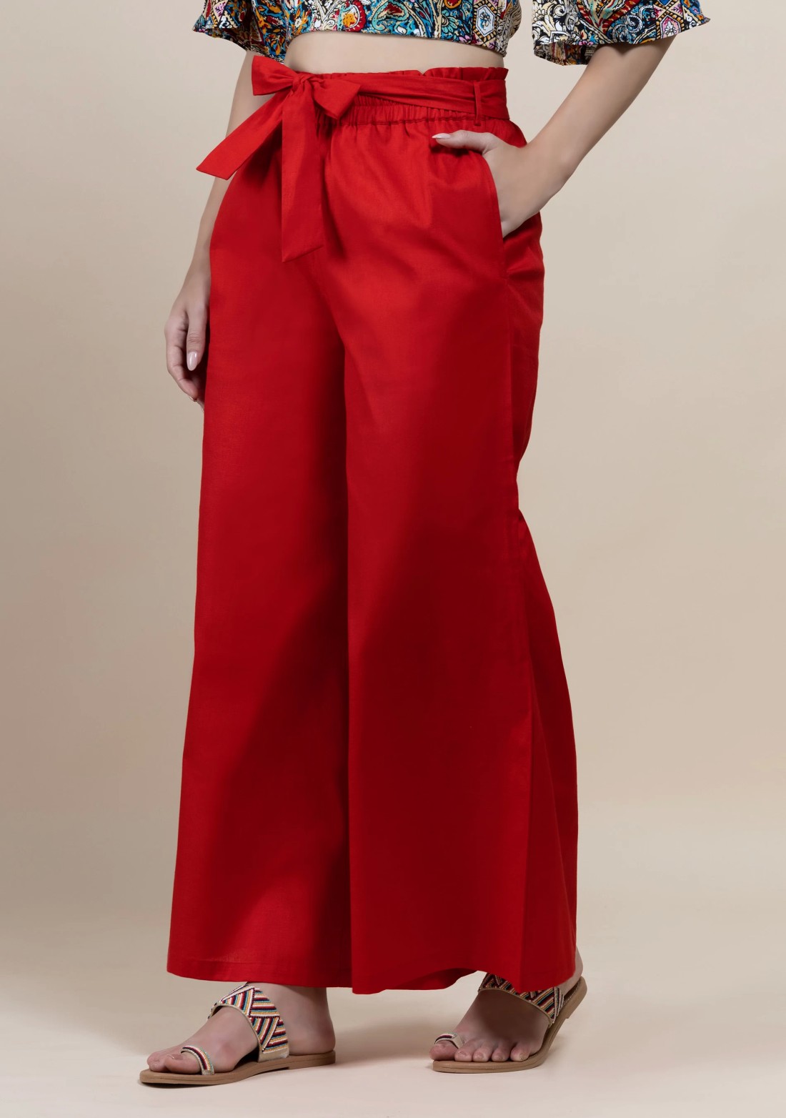 Red Cotton Flex Wide Hem Palazzo