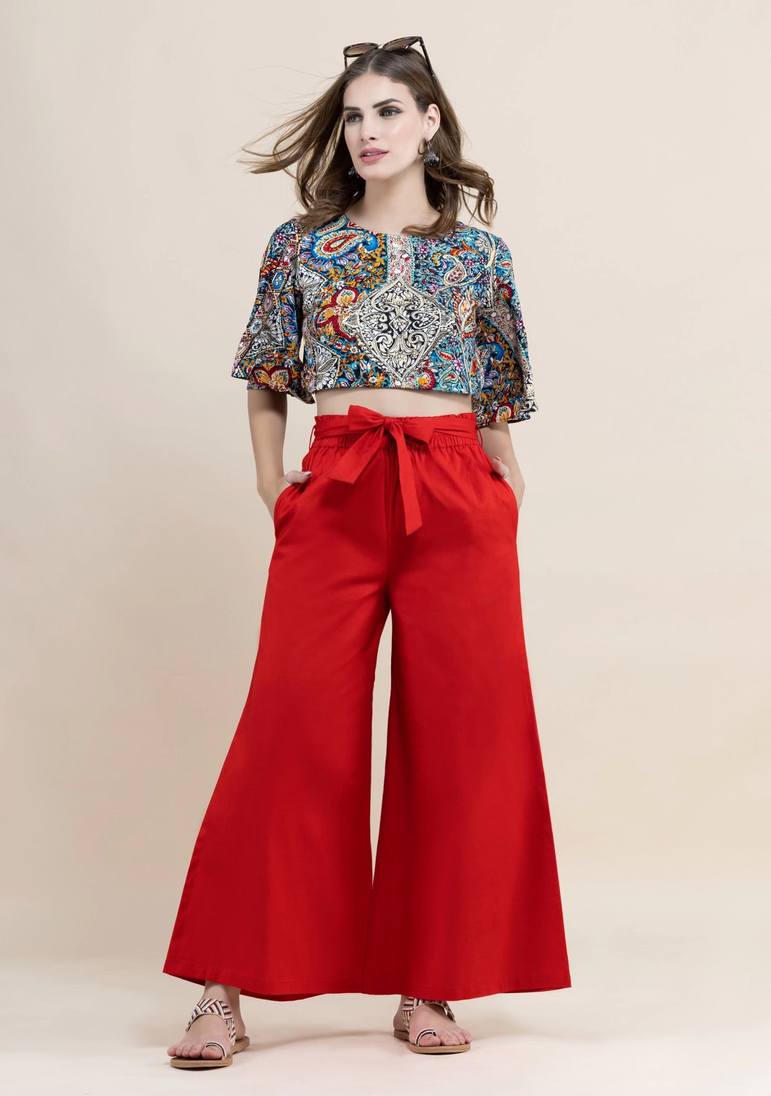 Red Cotton Flex Wide Hem Palazzo