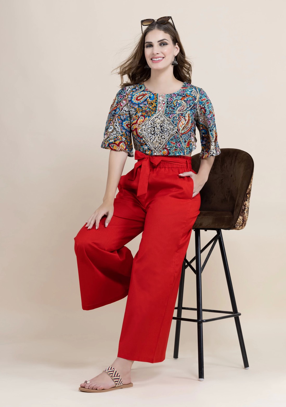 Red Cotton Flex Wide Hem Palazzo