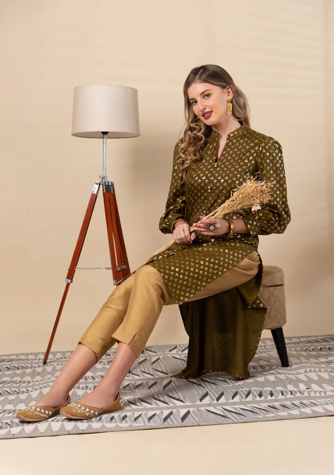 Olive Green Crepe Satin Silk Foil Printed High Low Kurta