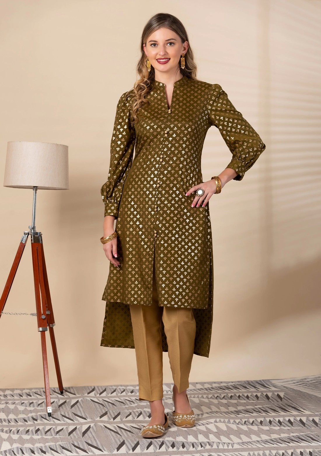 Olive Green Crepe Satin Silk Foil Printed High Low Kurta