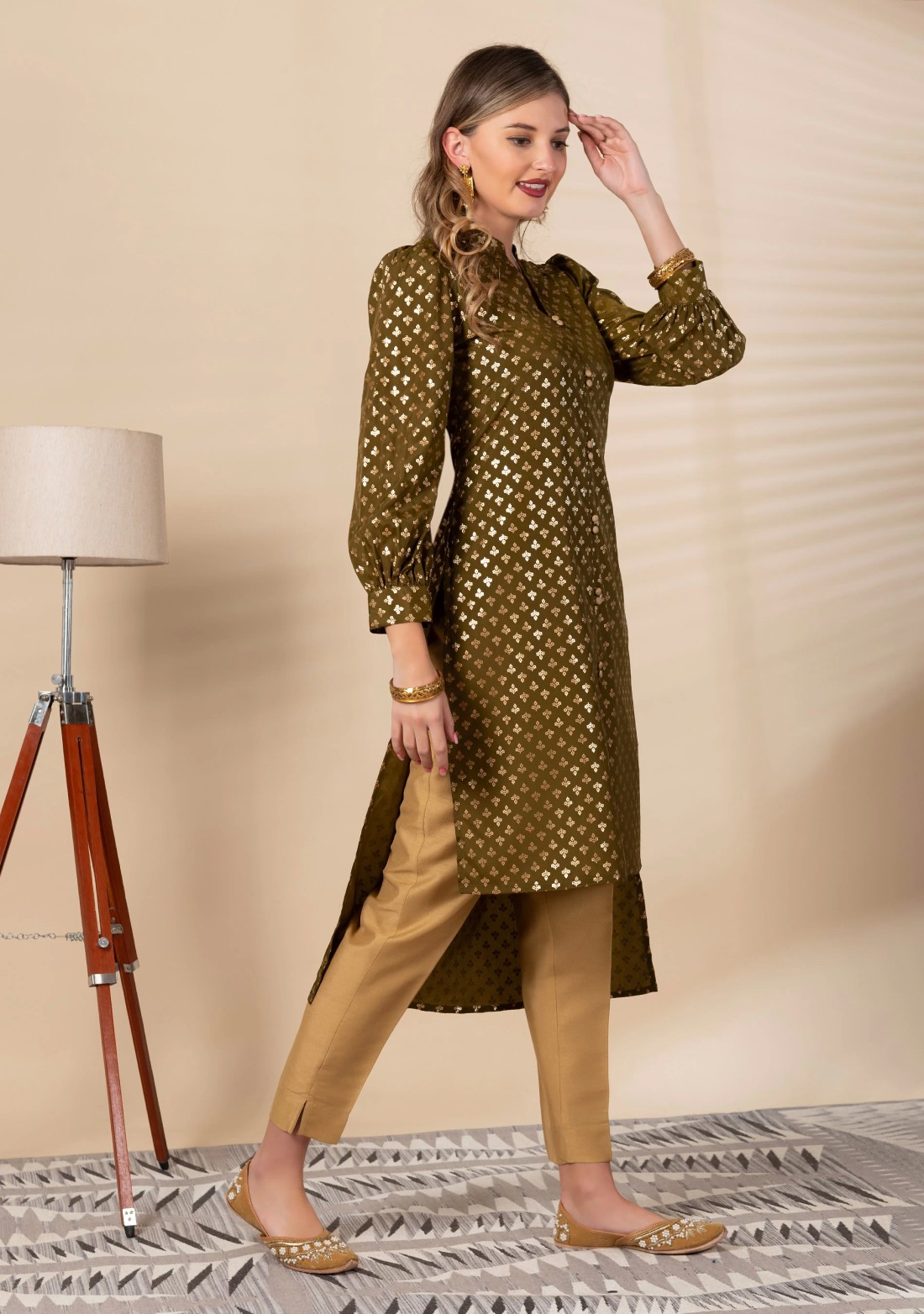 Olive Green Crepe Satin Silk Foil Printed High Low Kurta