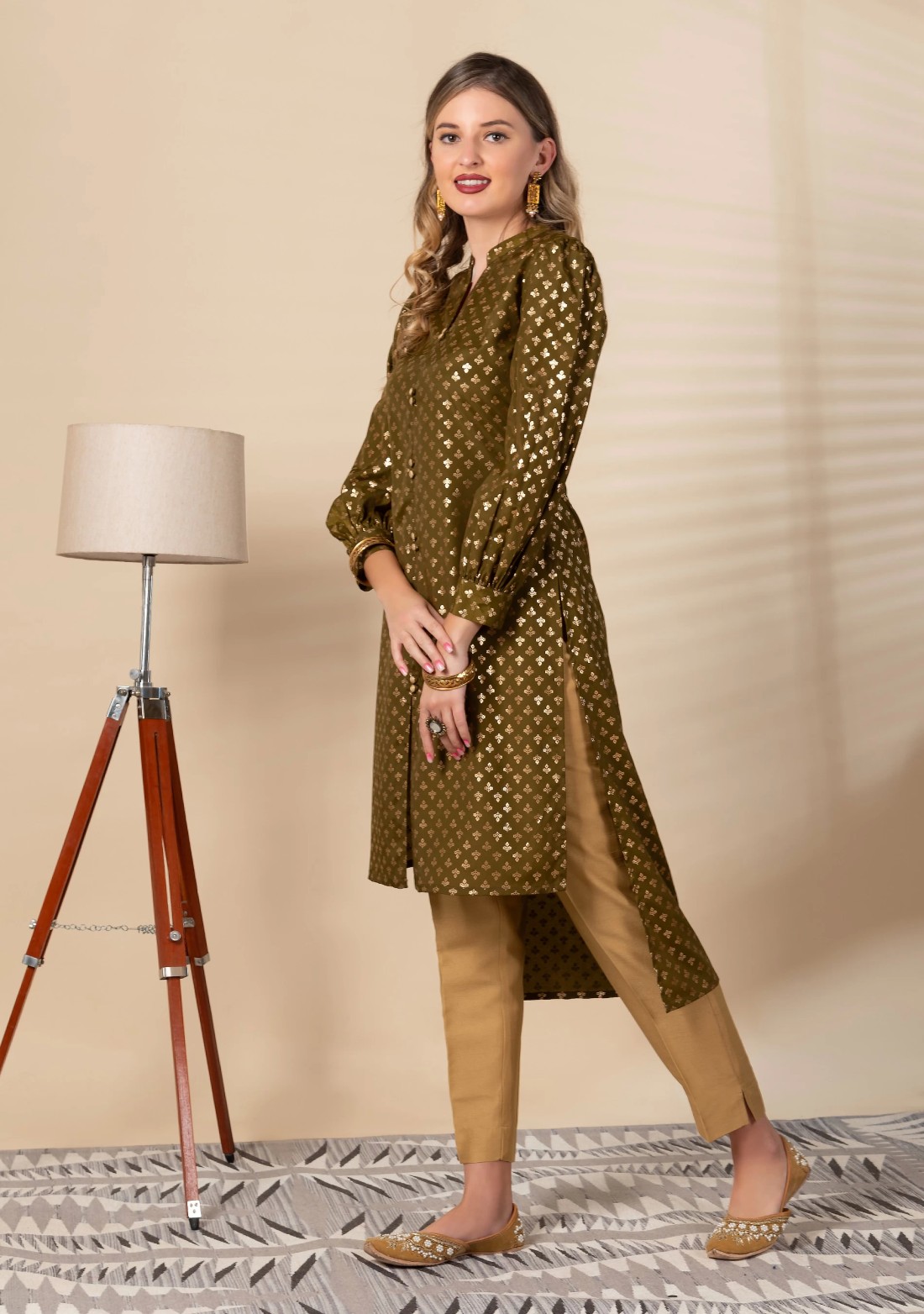 Olive Green Crepe Satin Silk Foil Printed High Low Kurta