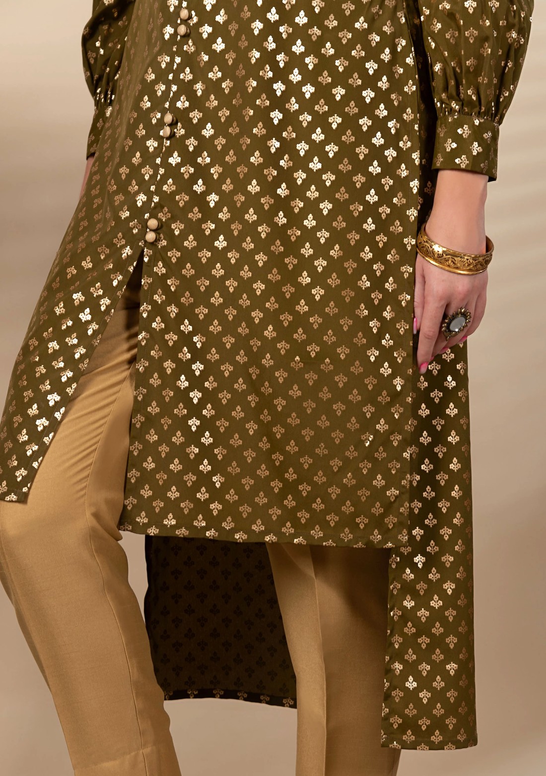 Olive Green Crepe Satin Silk Foil Printed High Low Kurta