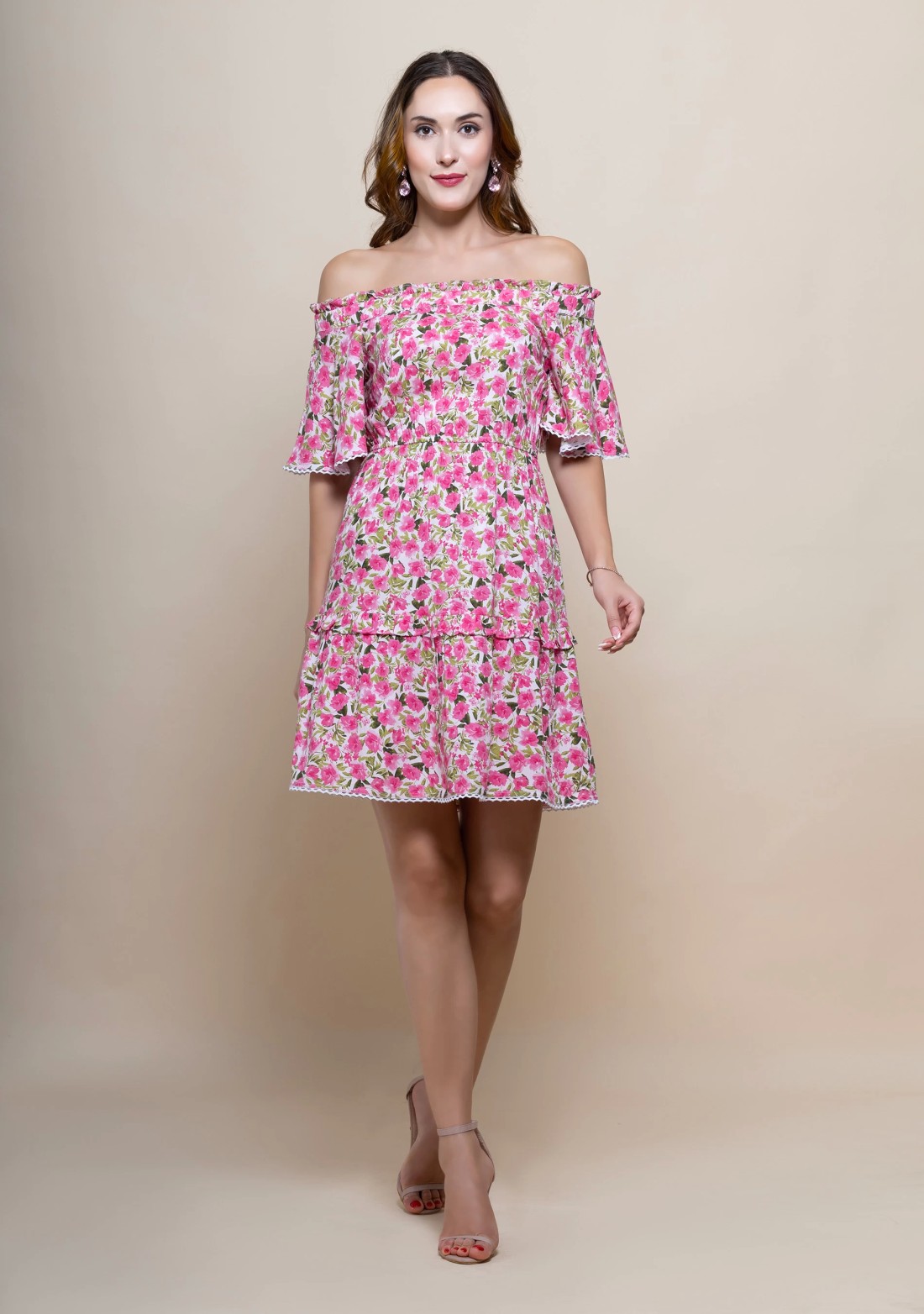 Floral Print Rayon Off Shoulder Mini Dress