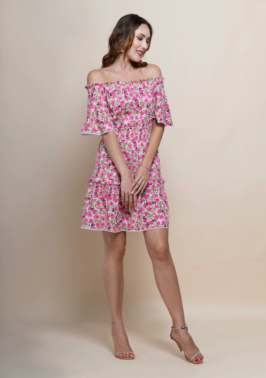 Floral Print Rayon Off Shoulder Mini Dress