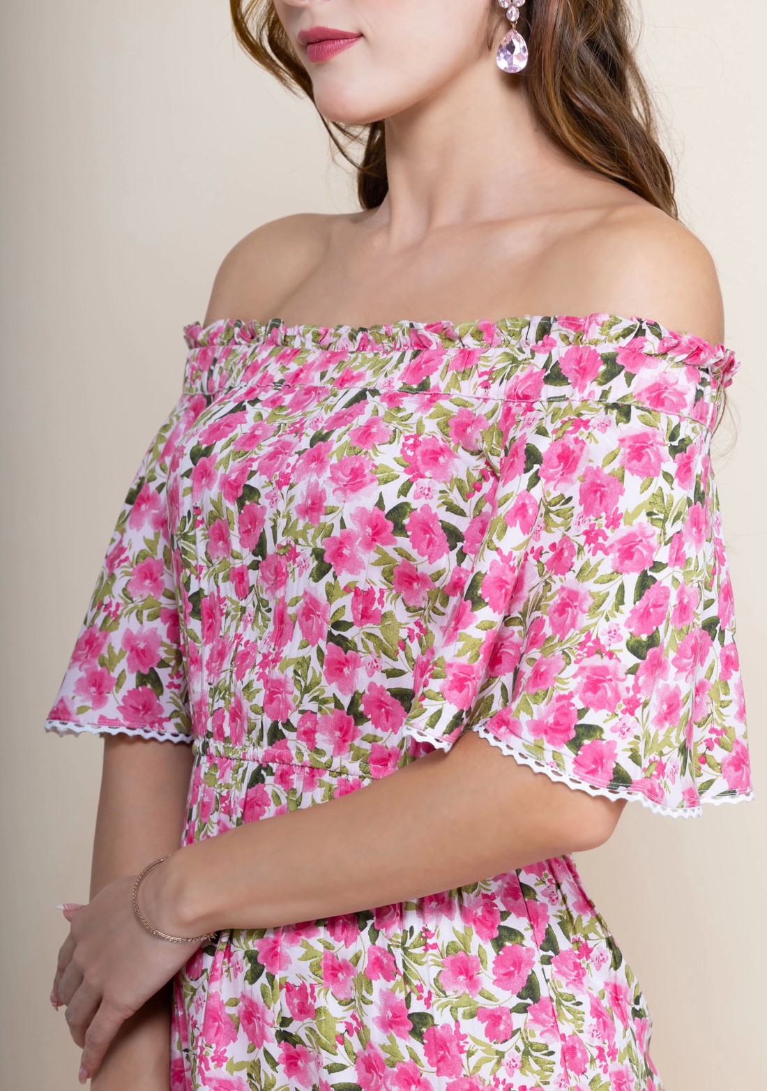 Floral Print Rayon Off Shoulder Mini Dress