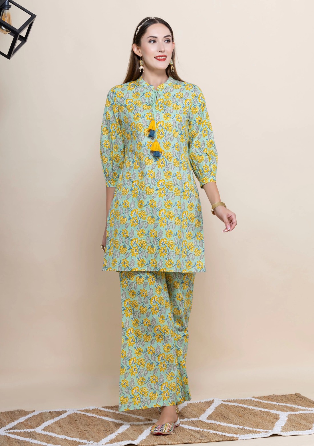 Mint green Oriental Floral Printed Straight Pure Cotton Short Kurta With Bell Pants