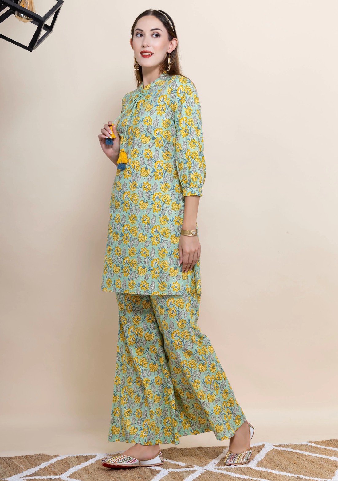 Mint green Oriental Floral Printed Straight Pure Cotton Short Kurta With Bell Pants