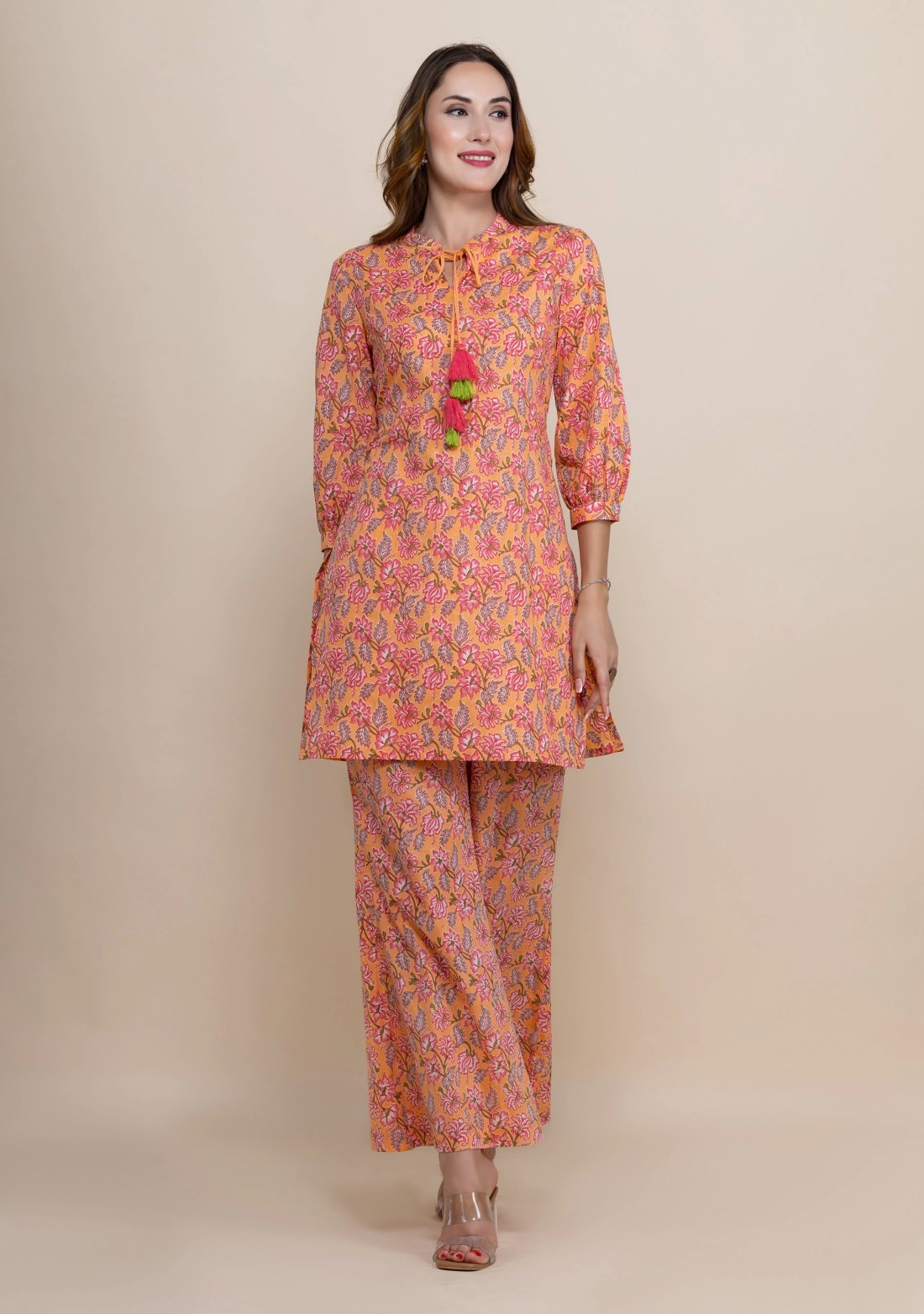 Peach Oriental Floral Printed Straight Pure Cotton Short Kurta With Bell Pants