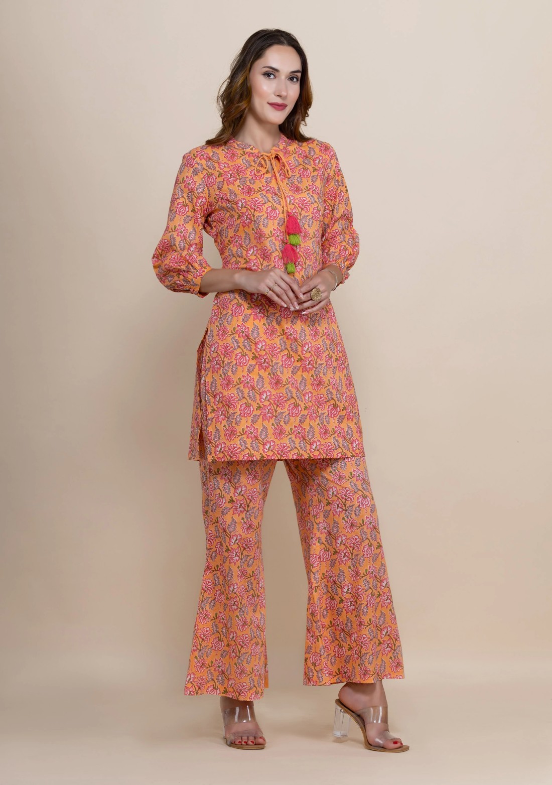 Peach Oriental Floral Printed Straight Pure Cotton Short Kurta With Bell Pants