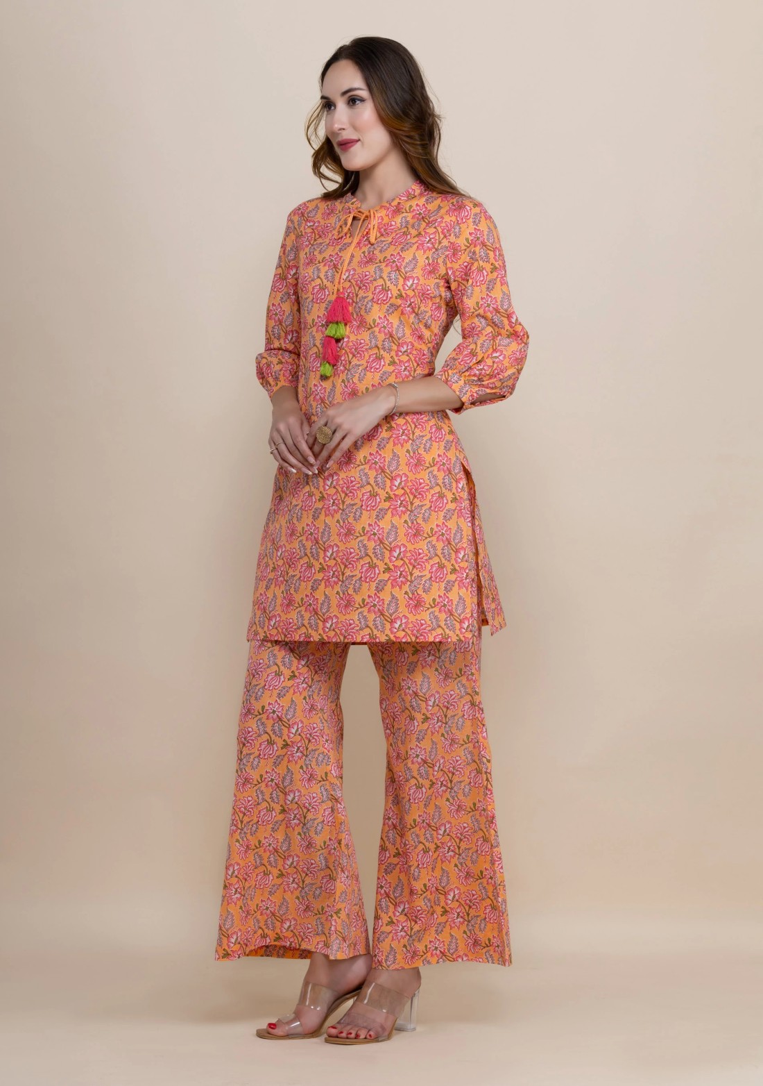 Peach Oriental Floral Printed Straight Pure Cotton Short Kurta With Bell Pants