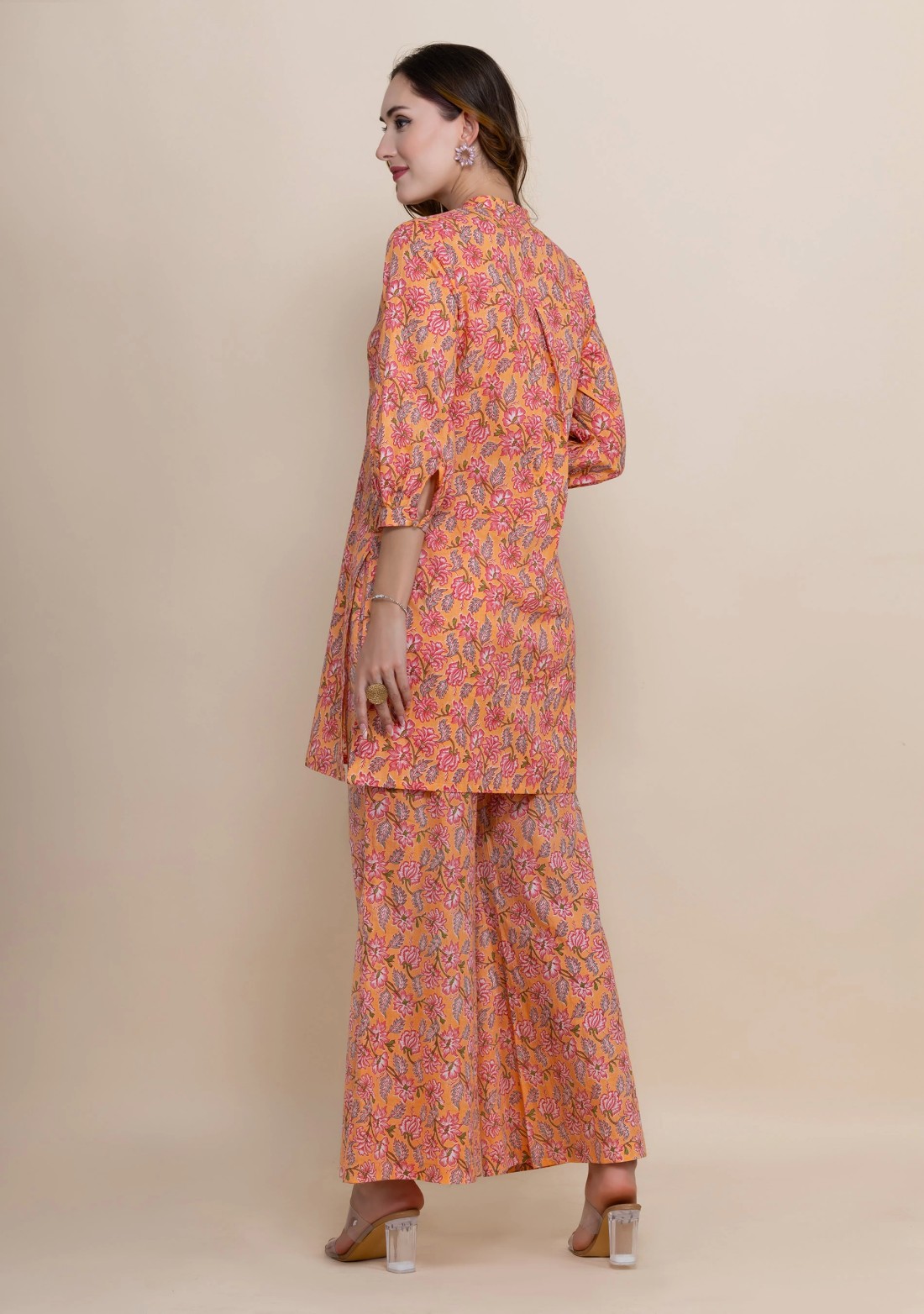 Peach Oriental Floral Printed Straight Pure Cotton Short Kurta With Bell Pants