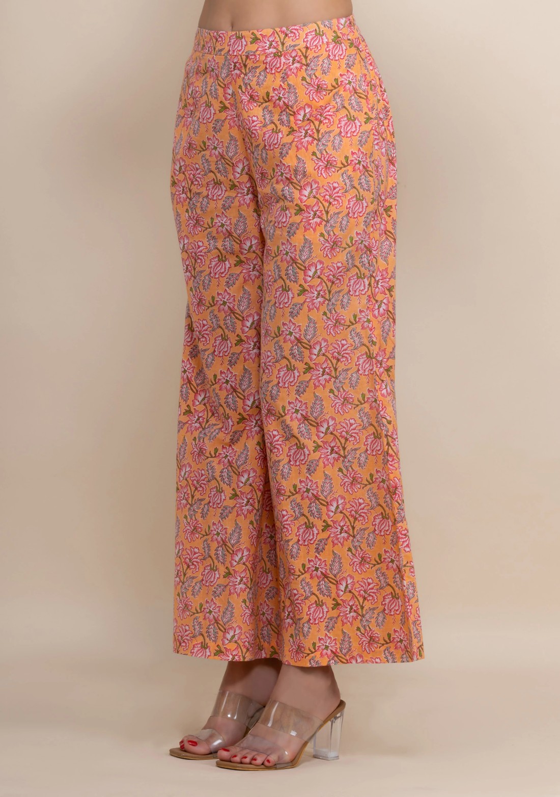 Peach Oriental Floral Printed Straight Pure Cotton Short Kurta With Bell Pants