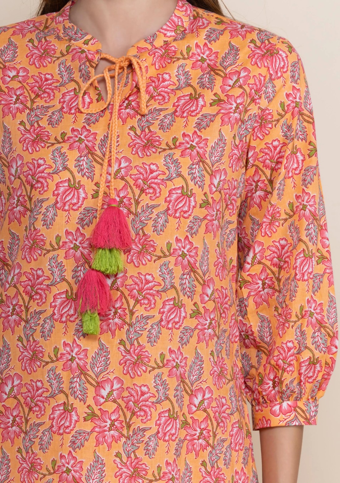 Peach Oriental Floral Printed Straight Pure Cotton Short Kurta With Bell Pants