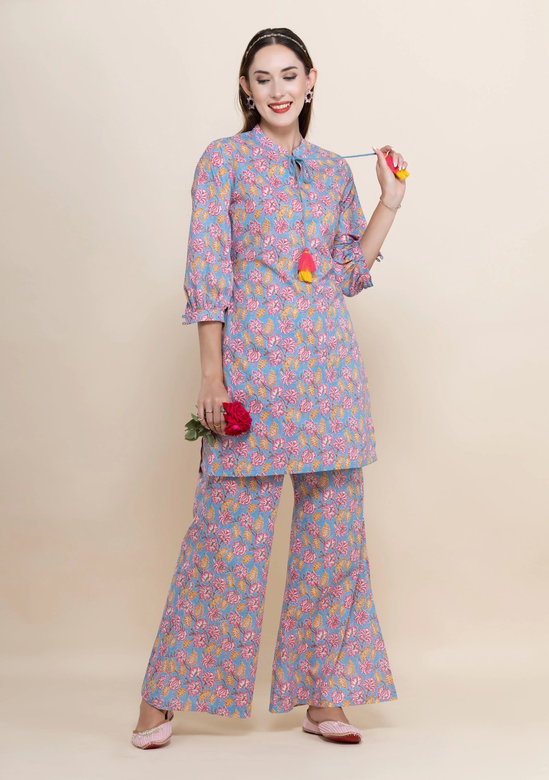 Blue Oriental Floral Printed Straight Pure Cotton Short Kurta With Bell Pants