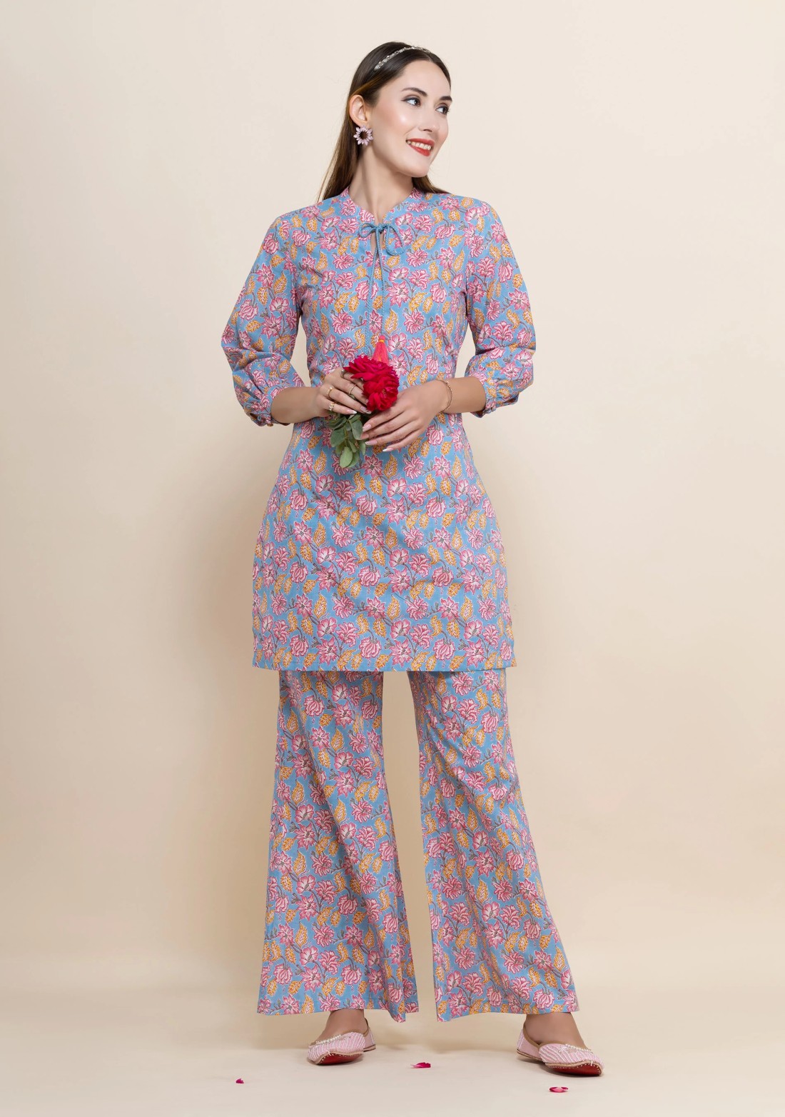 Blue Oriental Floral Printed Straight Pure Cotton Short Kurta With Bell Pants