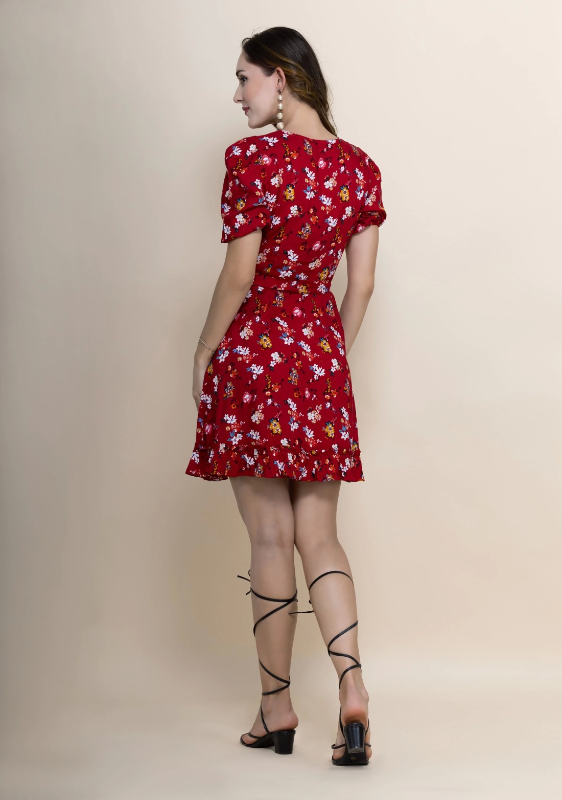 Red Floral Print Rayon Wrap Around Mini Dress
