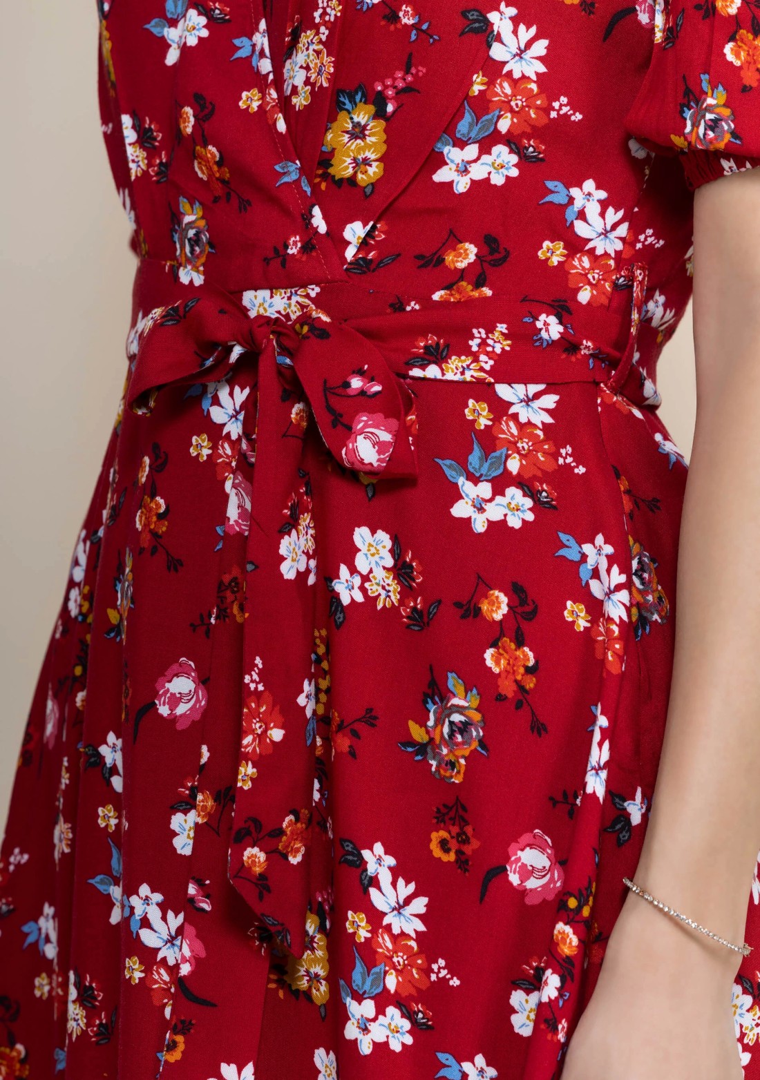 Red Floral Print Rayon Wrap Around Mini Dress