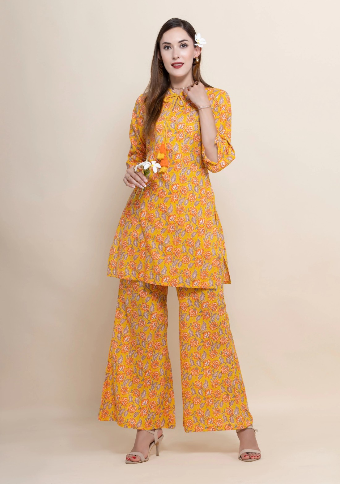 Orange Oriental Floral Printed Straight Pure Cotton Short Kurta With Bell Pants