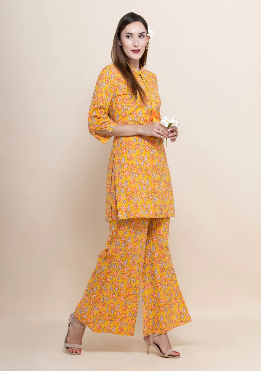 Orange Oriental Floral Printed Straight Pure Cotton Short Kurta With Bell Pants