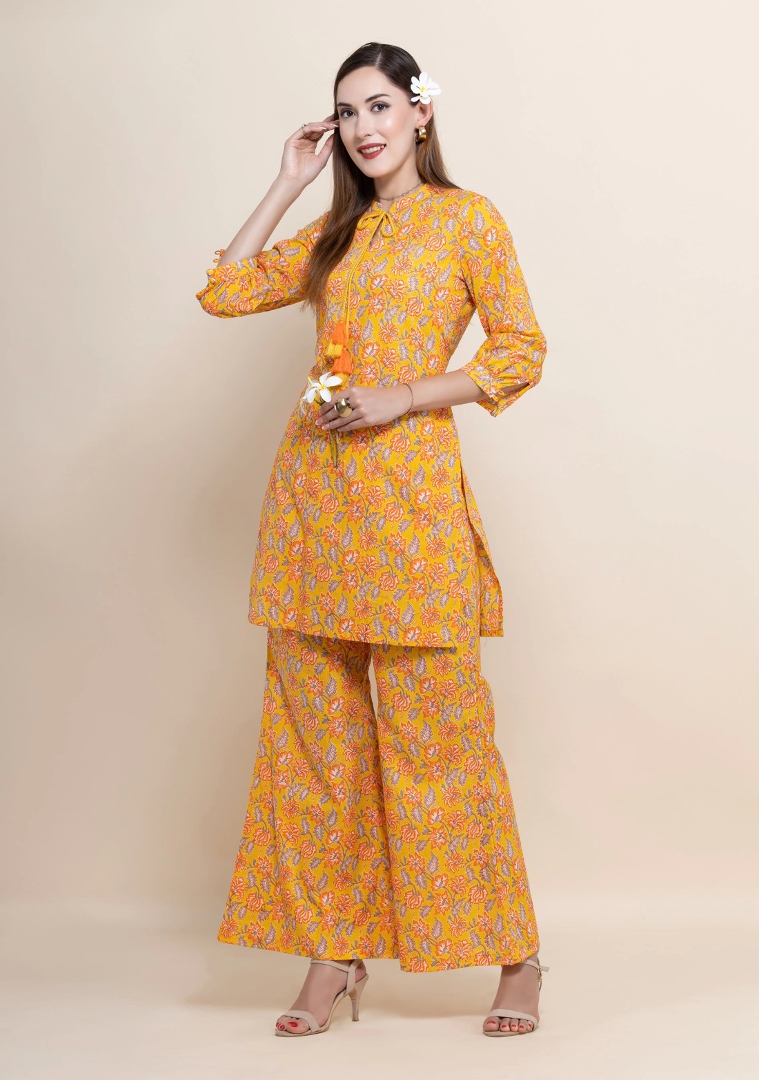 Orange Oriental Floral Printed Straight Pure Cotton Short Kurta With Bell Pants