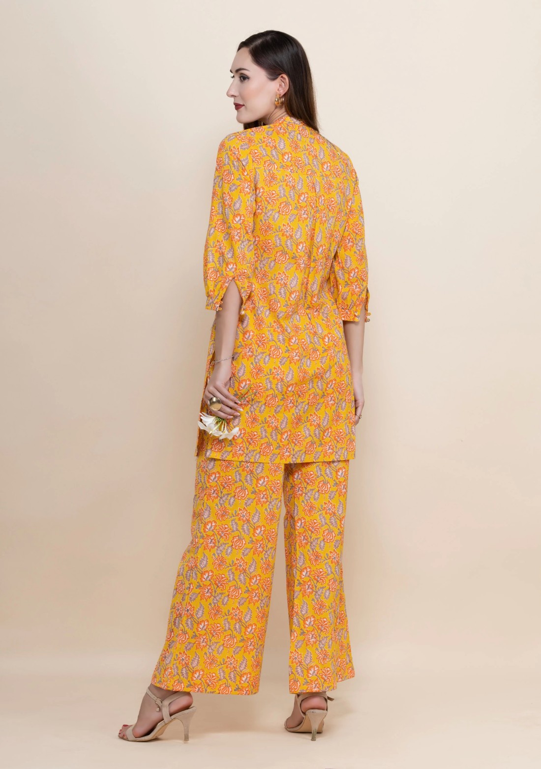 Orange Oriental Floral Printed Straight Pure Cotton Short Kurta With Bell Pants