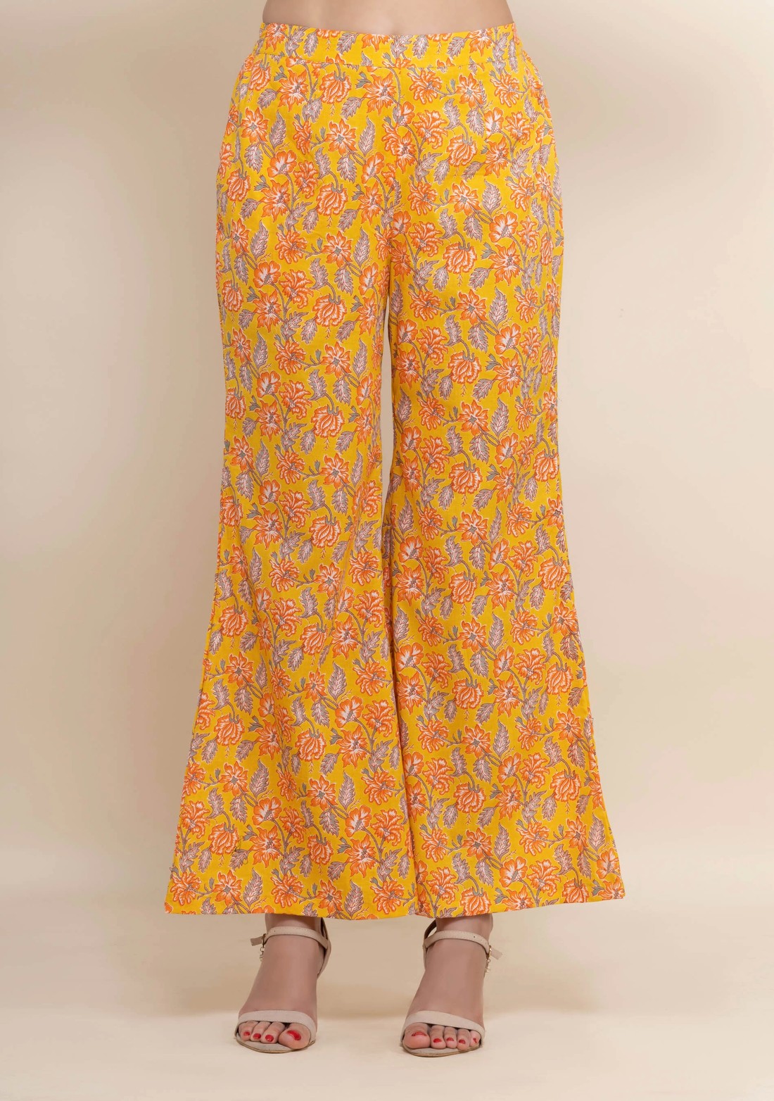 Orange Oriental Floral Printed Straight Pure Cotton Short Kurta With Bell Pants