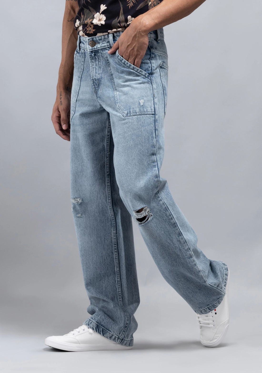 Sky Blue Wide Leg Cotton Fashion Jeans