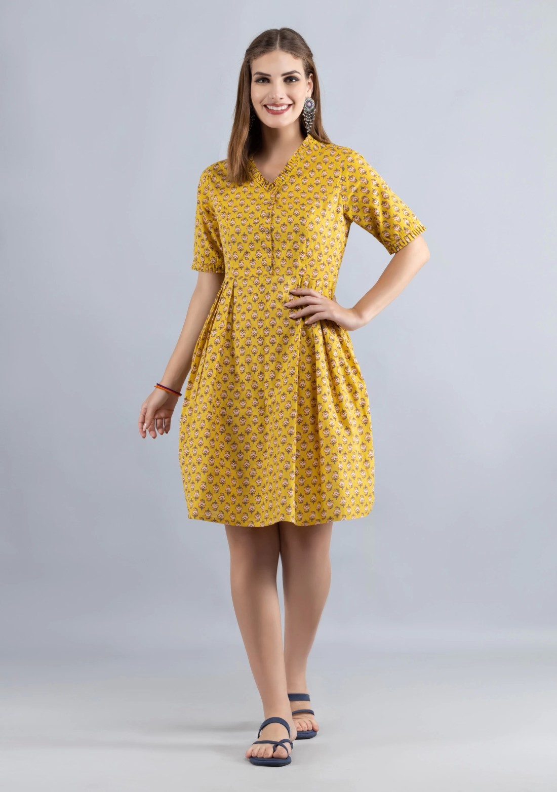 Yellow Printed Pure Cotton Fit & Flare  Dress