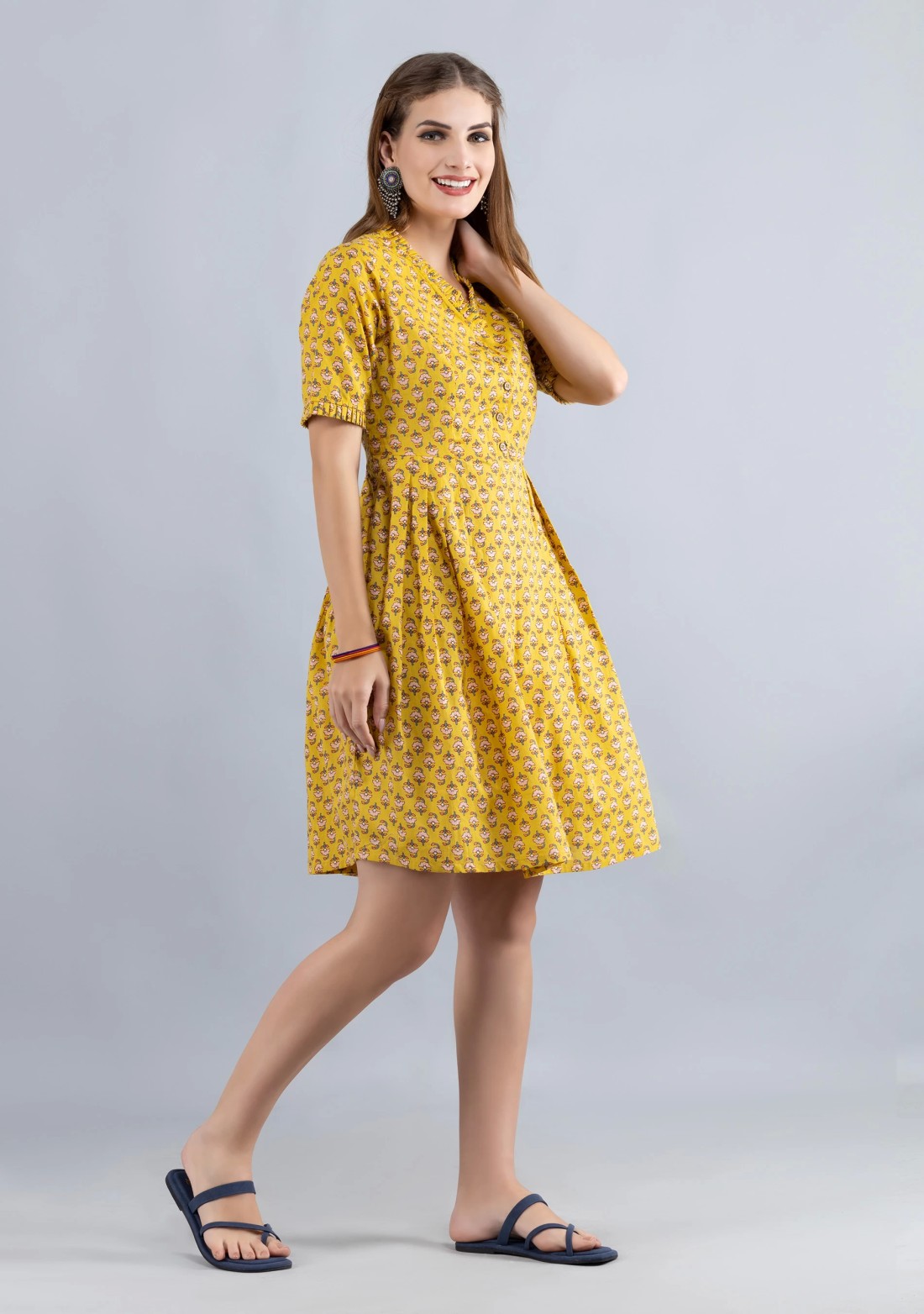 Yellow Printed Pure Cotton Fit & Flare  Dress