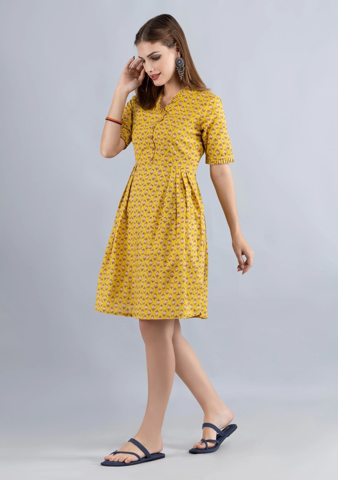 Yellow Printed Pure Cotton Fit & Flare  Dress