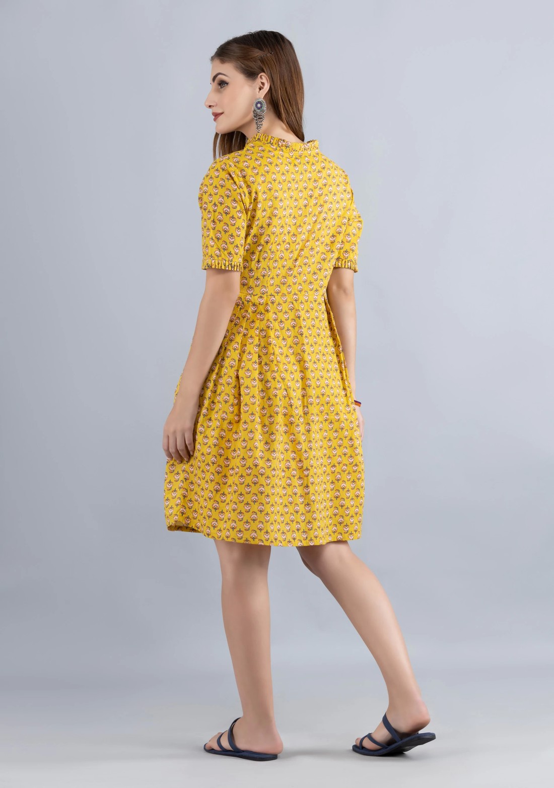 Yellow Printed Pure Cotton Fit & Flare  Dress