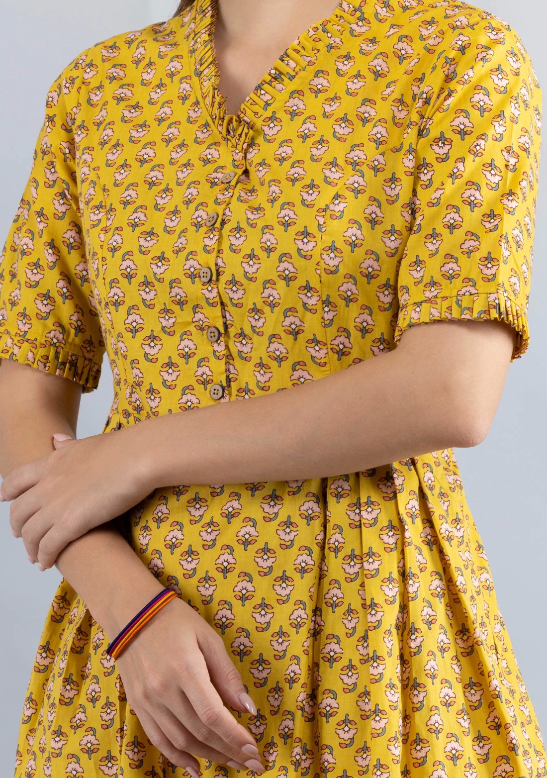 Yellow Printed Pure Cotton Fit & Flare  Dress