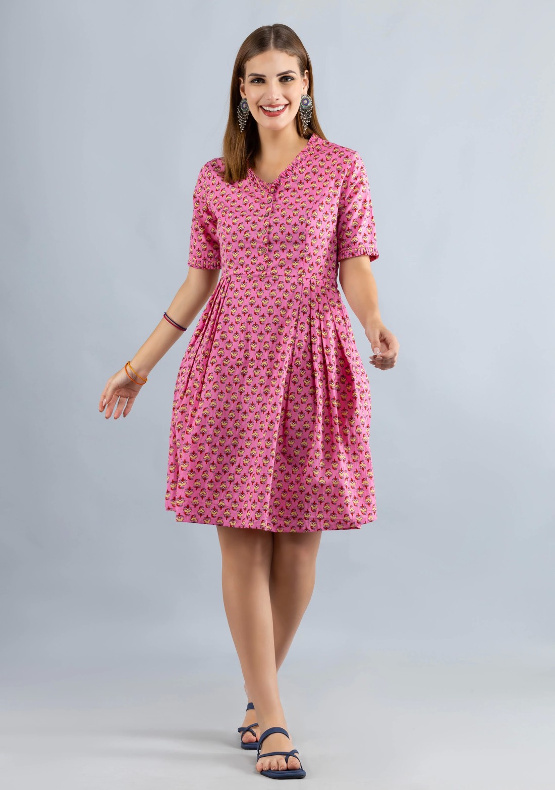 Pink Printed Pure Cotton Fit & Flare  Dress