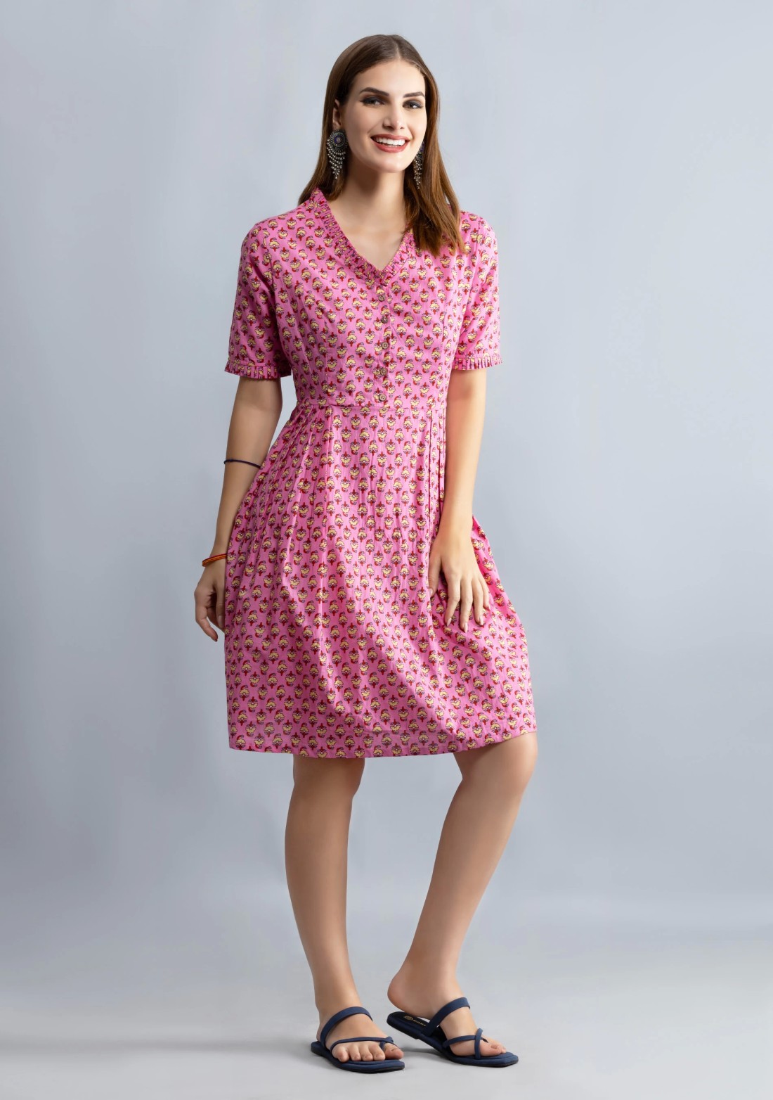 Pink Printed Pure Cotton Fit & Flare  Dress