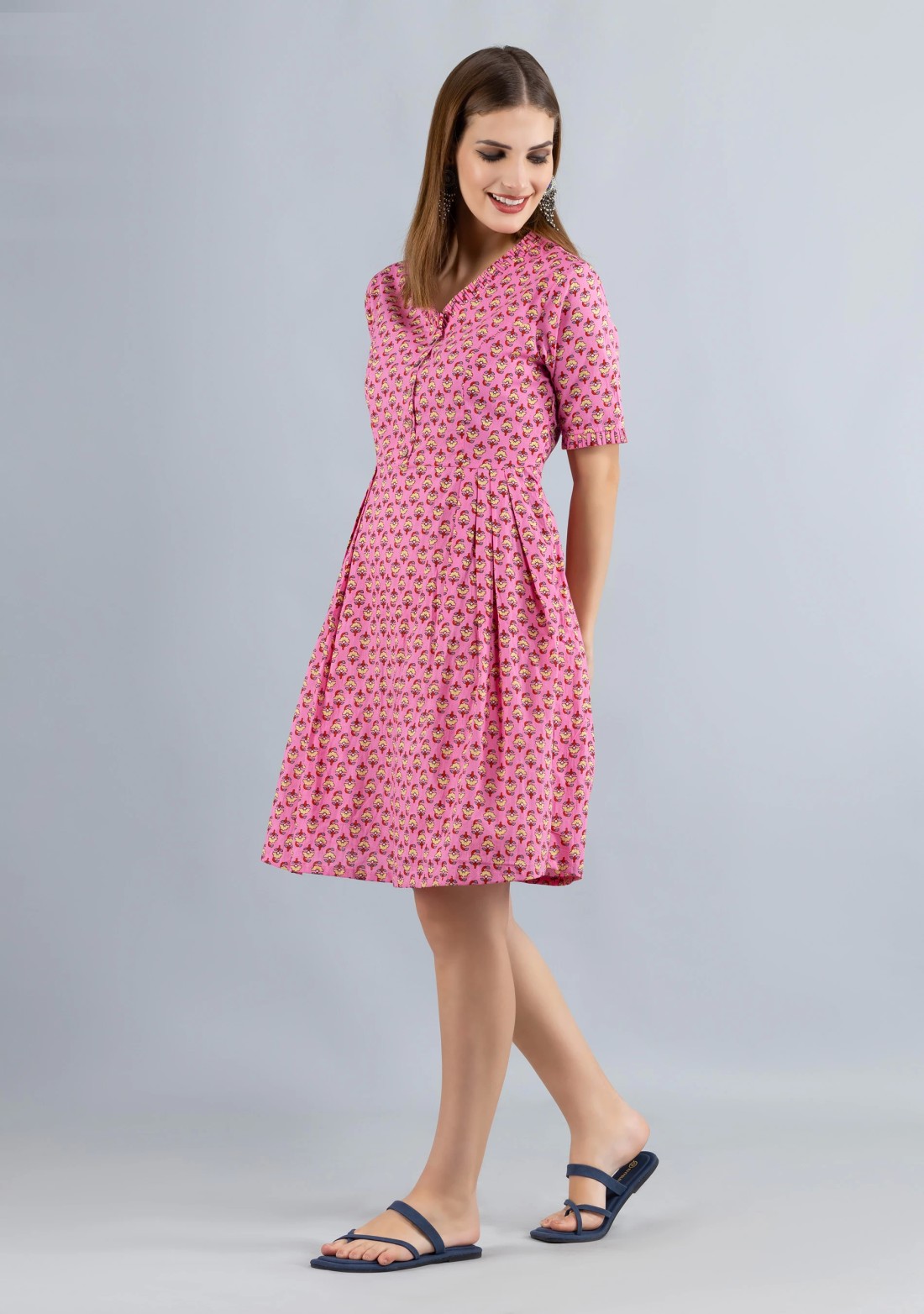 Pink Printed Pure Cotton Fit & Flare  Dress