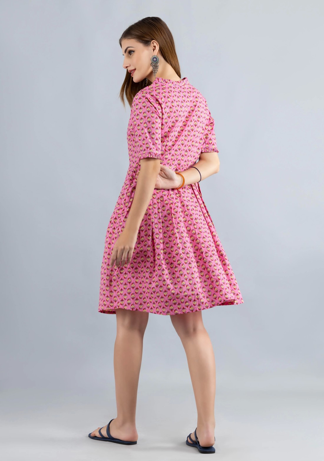 Pink Printed Pure Cotton Fit & Flare  Dress