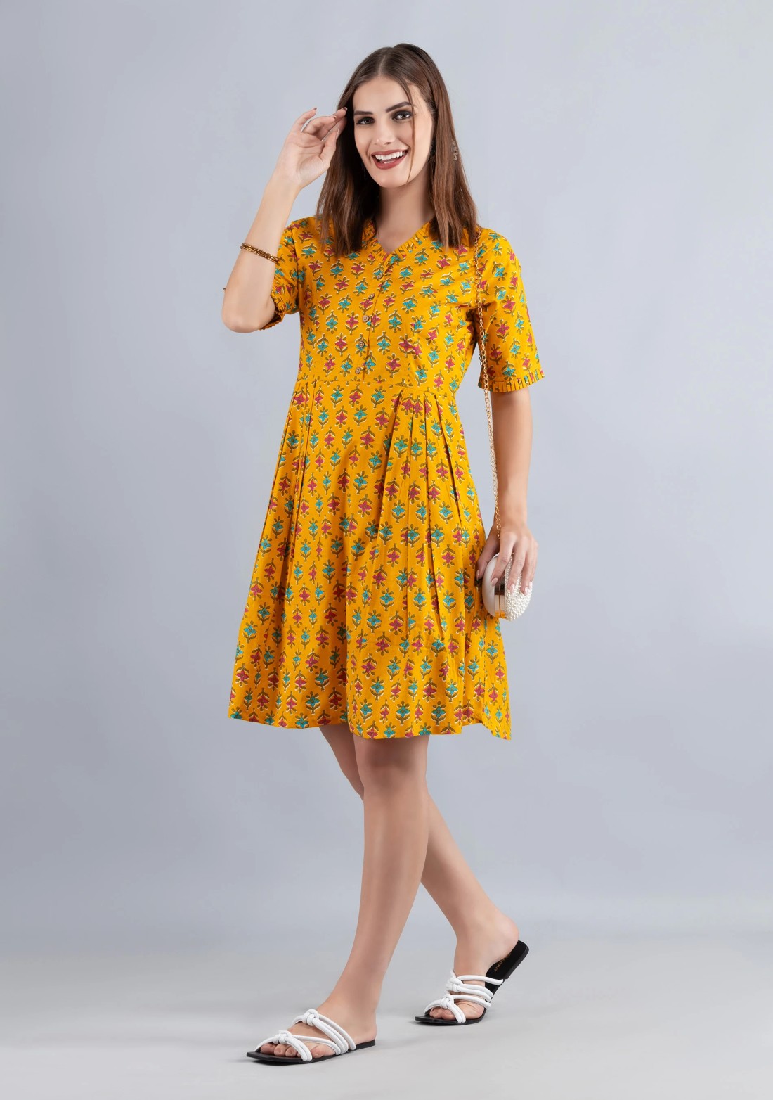 Yellow Printed Pure Cotton Fit & Flare  Dress