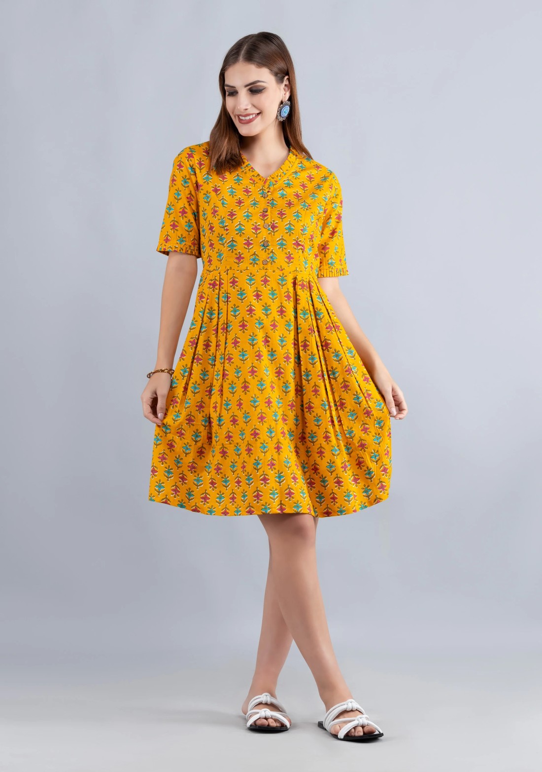 Yellow Printed Pure Cotton Fit & Flare  Dress