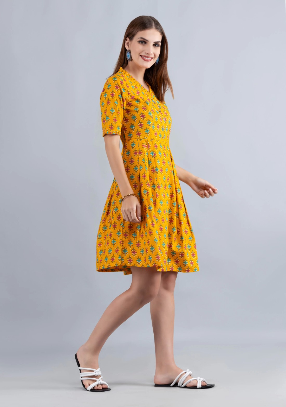 Yellow Printed Pure Cotton Fit & Flare  Dress