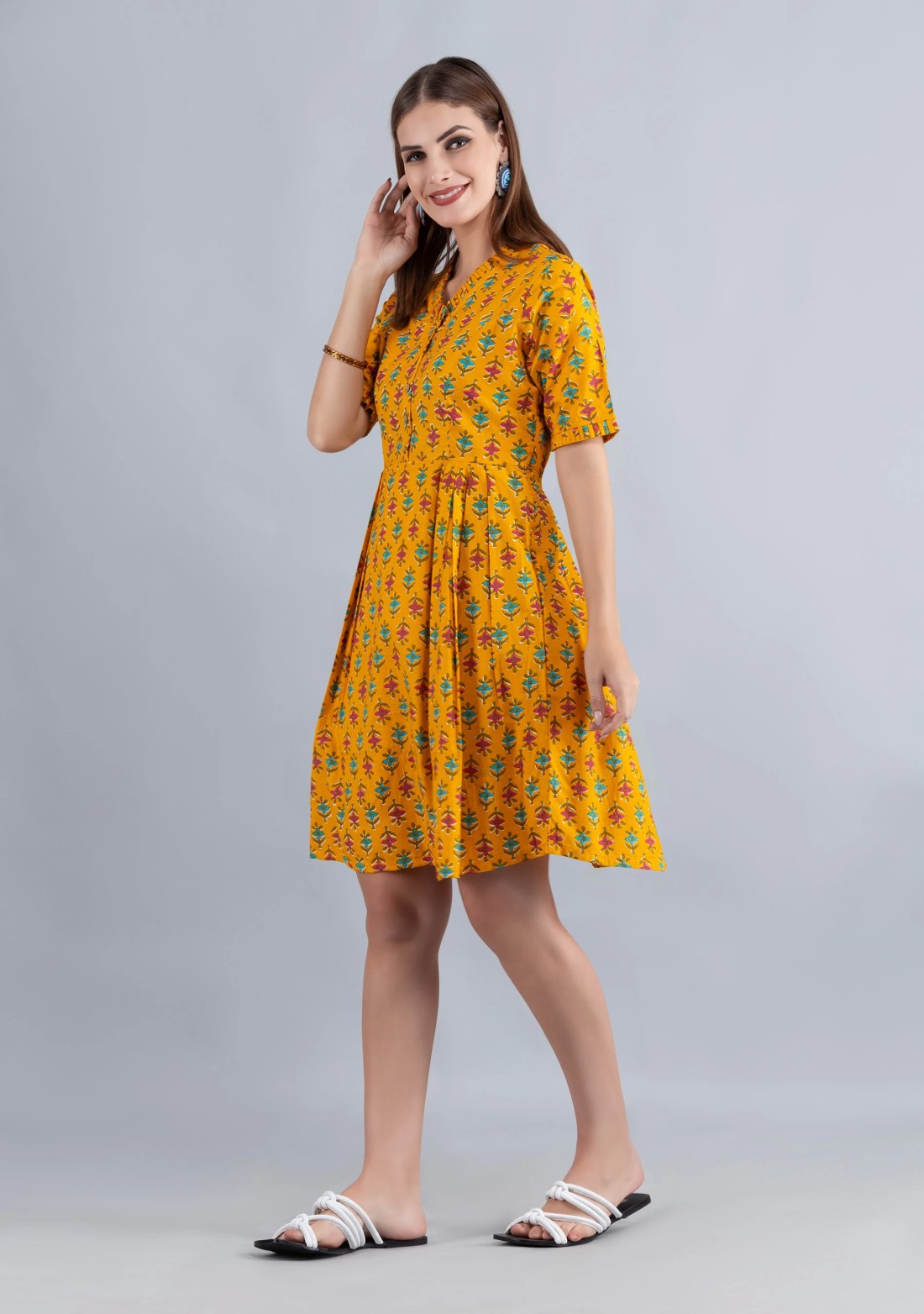 Yellow Printed Pure Cotton Fit & Flare  Dress