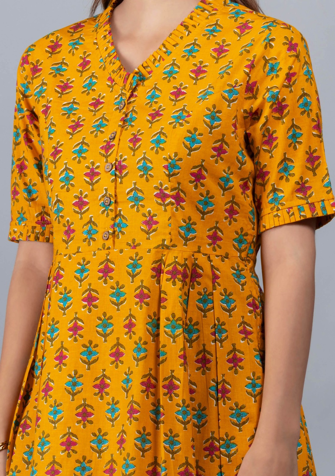 Yellow Printed Pure Cotton Fit & Flare  Dress