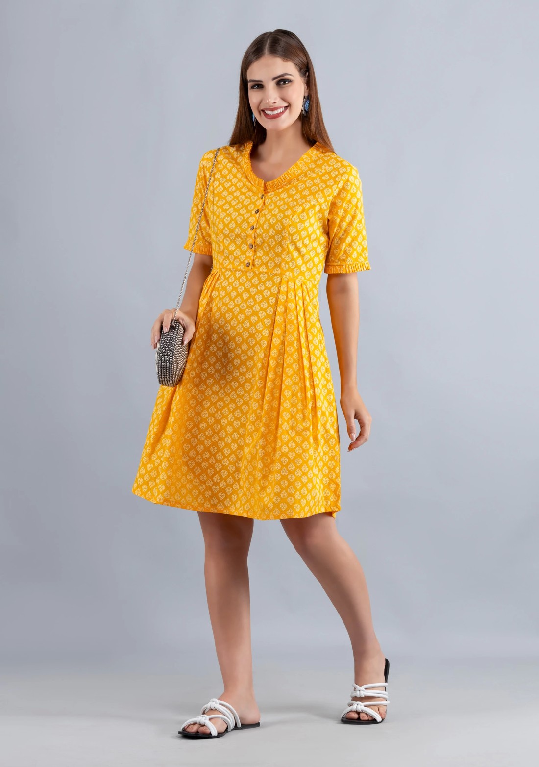 Yellow Printed Pure Cotton Fit & Flare  Dress